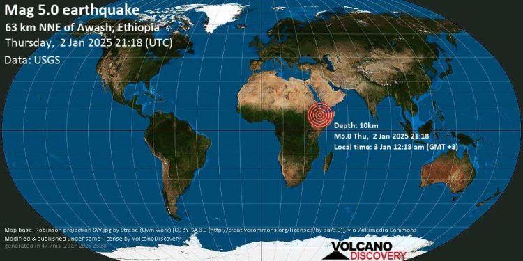 Strong mag. 5.0 Earthquake – 63 km north of Āwash, Āfar, Ethiopia, on Friday, Jan 3, 2025, at 12:18 am (Addis Ababa time)